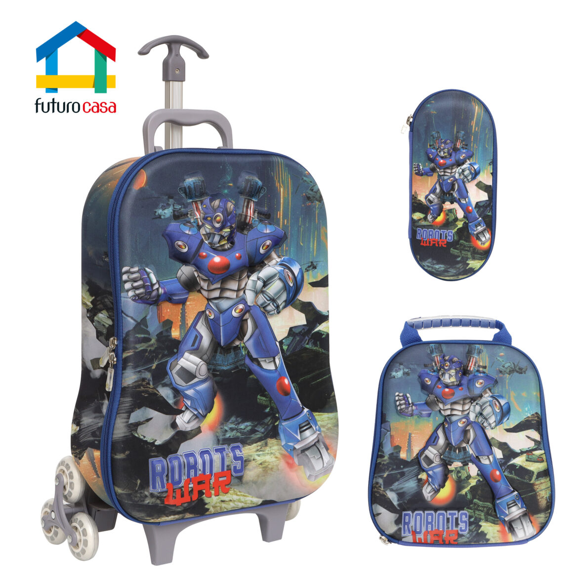 Mochila Escolar “ROBOTS War 3D” (com 3 rodinhas) – KIT 3 Peças