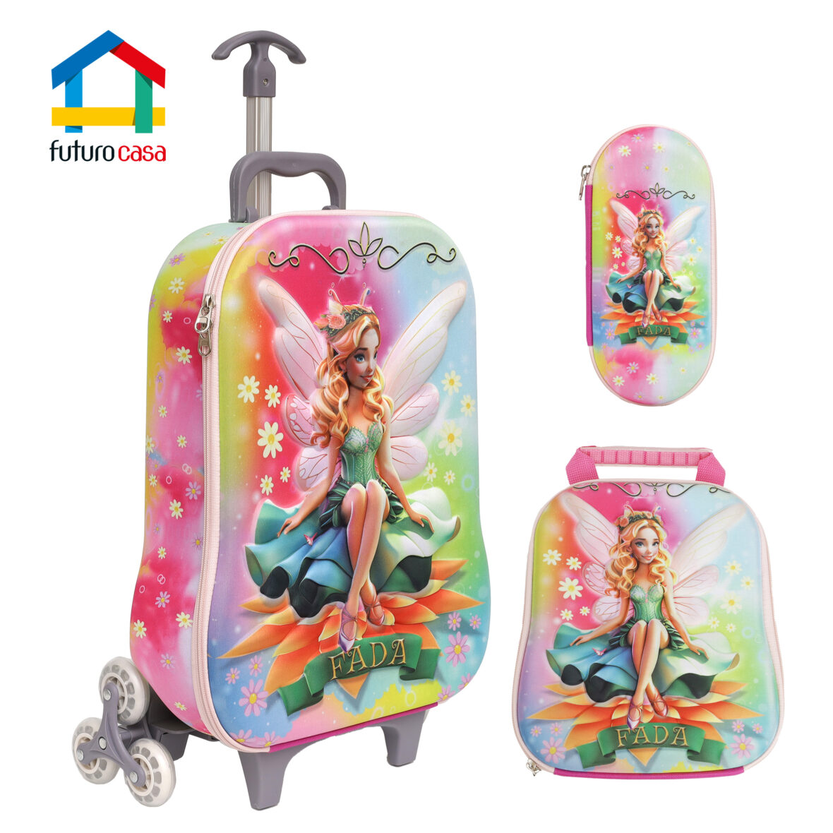 Mochila Escolar “FADA 3D” (com 3 rodinhas) – KIT 3 Peças