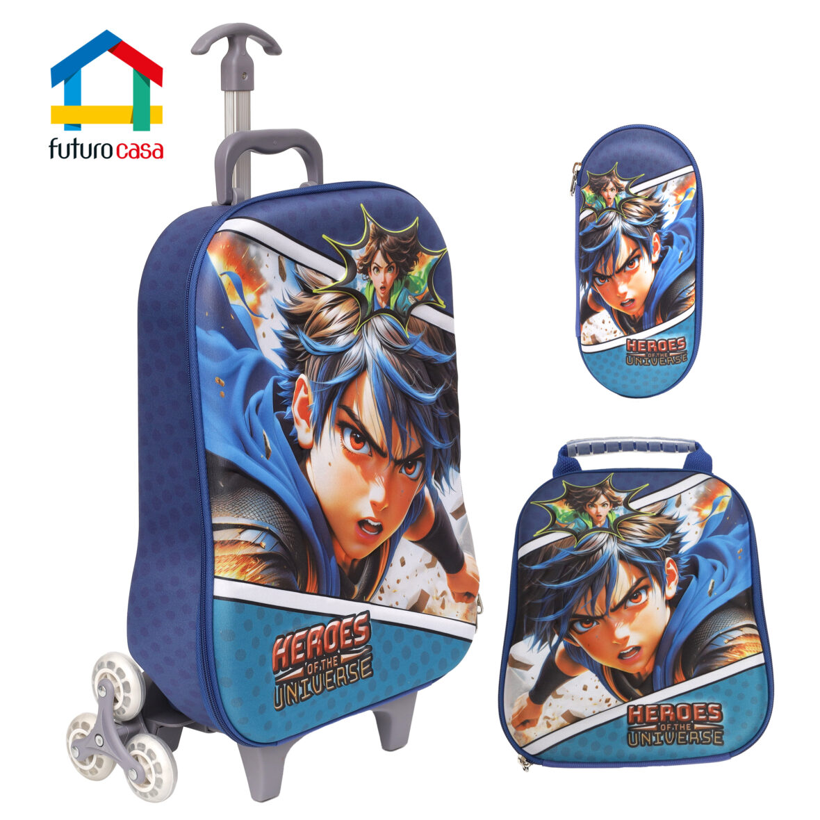 Mochila Escolar “Herois 3D” (com 3 rodinhas) – KIT 3 Peças