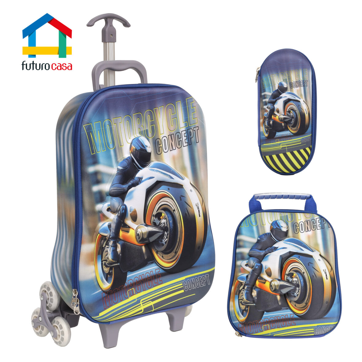 Mochila Escolar “MOTORCYCLE” (com 3 rodinhas) – KIT 3 Peças