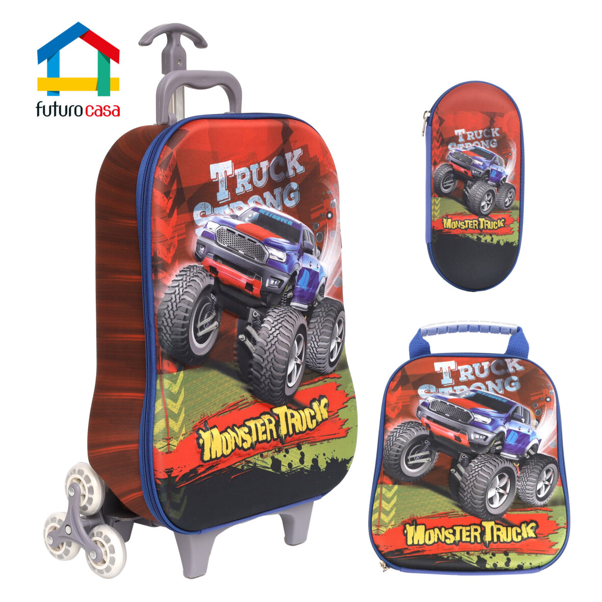 Mochila Escolar “CARROS TRUCK” (com 3 rodinhas) – KIT 3 Peças