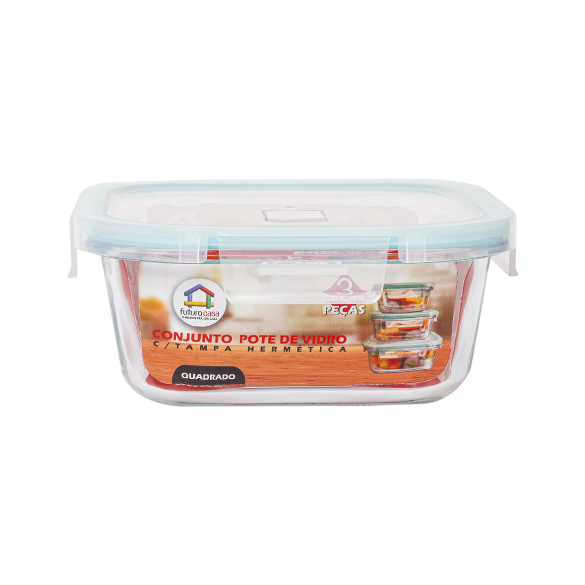 Conjunto de 3 Potes de Vidro (Quadrado) 800ml | 520ml e 320ml