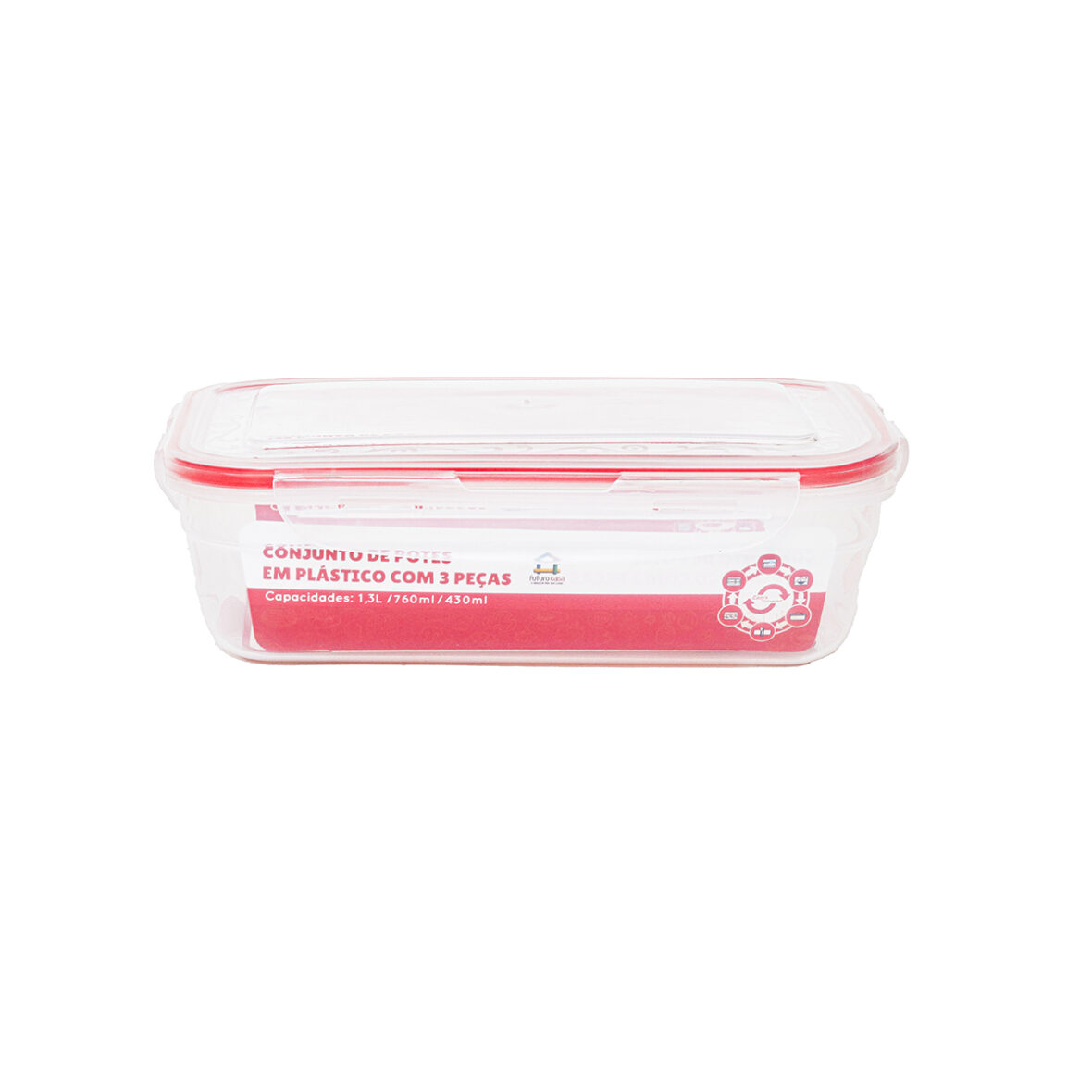 Conjunto de 3 Potes de Plástico (Retangular) 1,3L | 760ml e 430ml